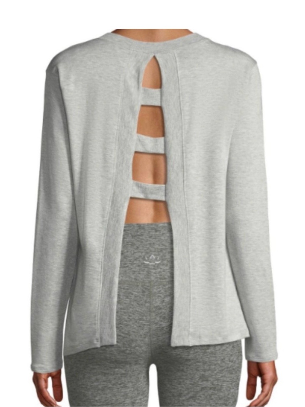 Beyond Yoga Light Heather Grey Long Sleeve Top with Ladder Back Cutouts